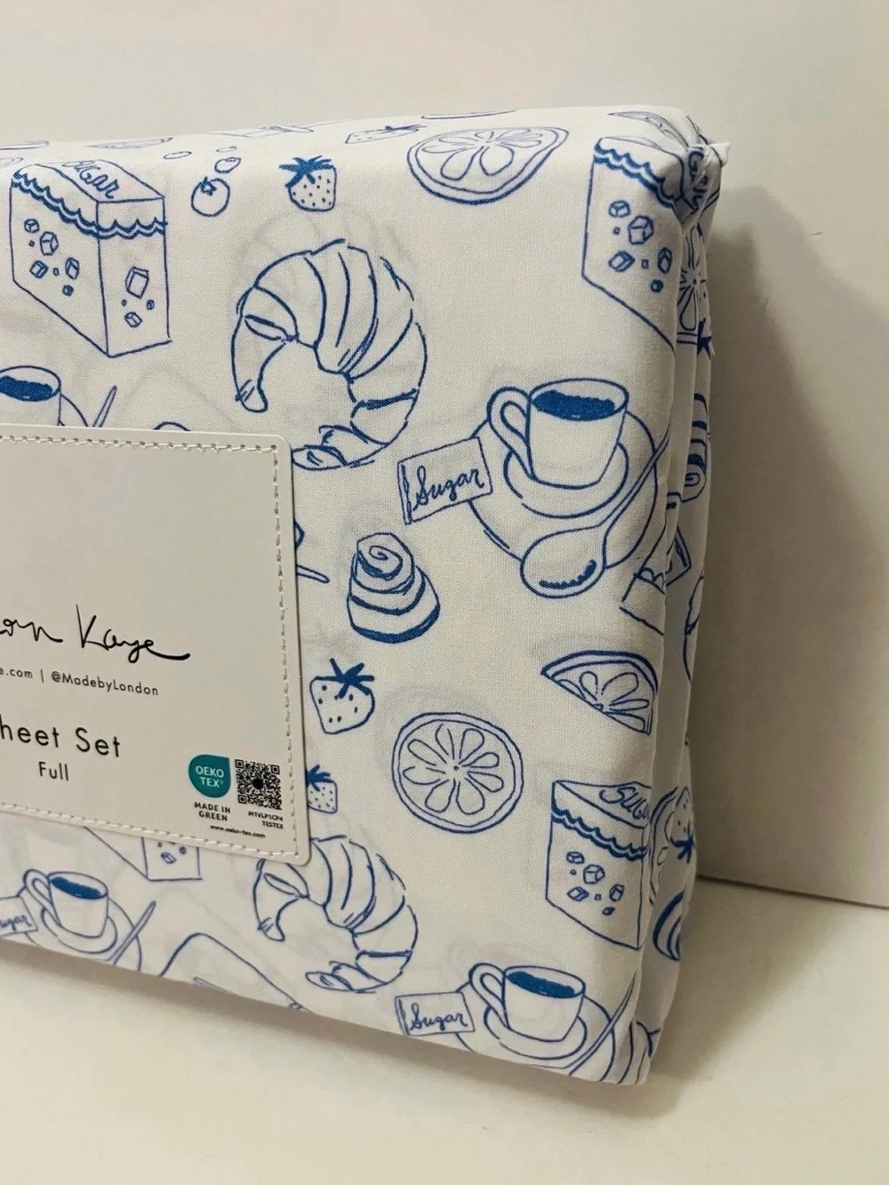 London Kaye Parisian Pastry Full Size Sheet Set White Blue Croissant Coffee